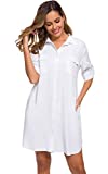 LUSMAY Women's Long Sleeve V Neck Button Down Shirt Dresses Casual Summer Dress with Pocket White