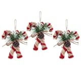 3 Rustic Burlap Candy Canes with Pine Cones, Pine Accents and Twine Bows - Country Christmas Ornaments