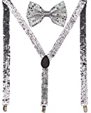 Buha Suspenders for Men, 2 in 1 Suspenders and Bow Tie, Mens Outfits Casual Suspender and Bow Tie Special Edition (Sequins-Silver)