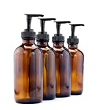 Cornucopia 8-Ounce Amber Glass Pump Bottles (4-Pack); Empty Boston Round Bottles w/Black Plastic Lotion Pumps