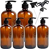 Youngever 6 Pack Empty Glass Pump Bottles, 2 Pack 16 Ounce and 4 Pack 8 Ounce Pump Bottles, Soap Dispenser, Refillable Containers (Amber)