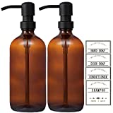 GMISUN 16oz Amber Glass Soap Dispenser with Rustproof Matte Black Stainless Steel Pump and Labels,2 Pack Dish Hand Soap Dispenser for Kitchen Sink/Bathroom, Farmhouse Refillable Liquid Soap Bottle