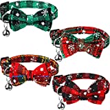 4 Pieces Christmas Cat Collar with Removable Bow Tie Bell, Holiday Safety Breakaway Kitten Collar Red Green Plaid Cat Bowtie Collar Snowflake Pattern Xmas Kitten Collar for Kitten Cat