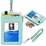 ELV Badge Holder with Zipper, PU Leather ID Badge Card Holder Wallet with 5 Card Slots, 1 Side RFID Blocking Pocket and 20 inch Neck Lanyard Strap for Offices ID, School ID, Driver Licence (Mint)