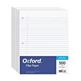 Oxford Filler Paper, 8 x 10-1/2 Inch Wide Ruled Paper, 3 Hole Punch, Loose Leaf Notebook Paper for 3 Ring Binders, 5 Packs of 100 sheets (62330), white