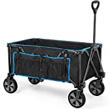 Navatiee Collapsible Folding Wagon, Heavy Duty Utility Beach Wagon Cart with Side Pocket and Brakes, Large Capacity Foldable Grocery Wagon for Garden Sports Outdoor Use, S1