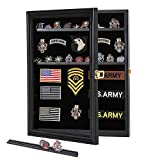 Military Challenge Coin Medals Pins Collector Display Case Lockable Wall Frame Wood Cabinet Black Shadow Box with Removable Shelves and Pinnable Background for Badges Patches Insignia Ribbons Brooches