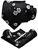 JEMYGINS Silk Black White Floral Necktie and Pocket Square, Hankerchief and Tie Bar Clip Sets for Men (6)