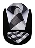 HISDERN Plaid Gingham Tie Handkerchief Woven Classic Men's Necktie & Pocket Square Set Black White