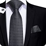 Hi-Tie Mens Black and White Plaid Ties Silk Necktie with Handkerchief Cufflinks Set Formal Business