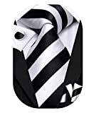 Hi-Tie Black and White Stripe Mens Necktie Silk Tie Hanky Cufflinks