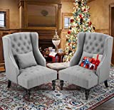 Esright Accent Chair, Wingback Tufted Fabric Armless Chair, Mid Century Modern Button-Tufted Style with Wooden Legs for Living Room, Grey Side Chair Set of 2, Hign Back Club Chair (Grey)