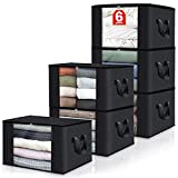 Fab totes 6-Pack Clothes Storage, Foldable Blanket Storage Bags, Storage Containers for Organizing Bedroom, Closet, Clothing, Comforter, Sweater, Organization and Storage with Lids and Handle, Black