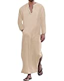 Yaohuole Men's Long Sleeve Casual Robe Side Split Kaftan Long Gown Thobe with Pockets Khaki 3XL