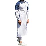 Men's Henley V-Neck Long Sleeve Stitching Cotton Robe Stand Collar Zipper Side Split Pocket Muslim Gown Thobe (White, 2XL)