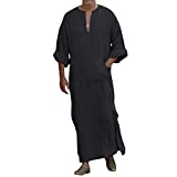 Haseil Men's V-Neck Kaftan Robe Roll Up Long Sleeve Line Solid Long Gown Side Split Thobe, Black, Tagsize 2XL=USsize XL