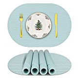 IYYI Silicone Placemats, Oval Placemats for Dining Table, Dishwasher Safe Table Mats Waterproof Non-Slip Kids Placemats Set of 4 (Light Blue-line)