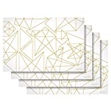 Substance & Matter Silicone Placemats - Set of 4 Modern Design White with Gold Geometric Shapes, Non-Slip, Waterproof, Heat-Resistant, Stain Resistant, Rectangle