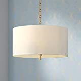 Warm Gold Drum Pendant Chandelier Light Fixture 20" Wide Modern Contemporary White Linen Shade for Dining Room House Foyer Entryway Kitchen Bedroom Living Room High Ceilings - Barnes and Ivy