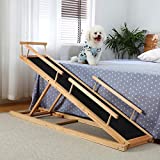 Youfun Dog Ramp 3.0 for High Beds(Natural) - 59" Long for Small/Medium Dogs Up to 50lbs, Hardwood Folding Pet Ramp with PAW Grip Non-Slip Carpet&Safety Rails - Adjustable Height 17 to 32 inches Tall