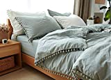 TanNicoor Pom Fringe Duvet Cover Set - 3 Piece Natural Ultra SOFE Color Washed Cotton Bedding Set, Modern Style Down Comforter Quilt Cover with Zipper Closure(Queen, Green)