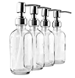 8-Ounce Clear Glass Boston Round Bottles w/ Stainless Steel Lotion Pumps (4-Pack); Empty Refillable Liquid Soap & Lotion Bottles
