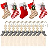 15 Pieces Christmas Stocking Name Tag Personalized Stocking Wood Tags Blank Rustic Farmhouse Xmas Stocking Hanging Tag with Wood Beads and Buffalo Check Bows for Xmas Tree (Natural Color)