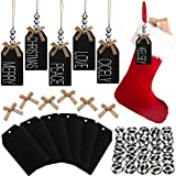 12 Set Christmas Stocking Name Tags Including Chalkboard Tags Wood Beads and Bow, DIY Name Sign Christmas Ornaments for Christmas Stockings Home Farmhouse Decor (4.5 x 2.6 Inch, Black and White Plaid)