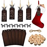 Jetec Christmas Wood Stocking Name Tags DIY Stocking Signs Farmhouse Christmas Stocking Tag with Buffalo Check Bows for Christmas Closet Christmas Stockings Decoration (Dark Color,6 Pieces)