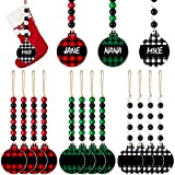 12 Pieces Christmas Stocking Name Tags Wood Christmas Buffalo Plaid Hanging Ornament Stocking Name Tags Decorations with Bead Garland for Xmas farmhouse Christmas Tree Decorations (Mixed Color Style)