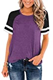 LASLULU Short Sleeve Shirts for Women Color Block Striped Tee Crew Neck Casual Tunic Tops Workout Yoga Athletic T-Shirt Loose Fit Blouses Running Sport Shirts Activewear(Purple Small)