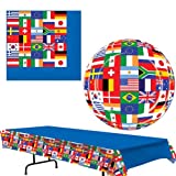 Around-the-World Flags Party Decorations Kit with Tablecover, Plates, and Napkins