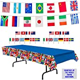 International Flags Party Decorations - International Flags Tablecover, 23 ft Pennant Flag Banner, Toothpick Flags (50), and Countries of the World Trivia Questions
