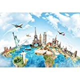 Yeele 5x3ft Globe Travel Backdrop Earth Map Worldwide Continent Famous Landmark Scenery Home Photography Background Around The World Infant Baby Adult Portrait Photo Booth Studio Props Photocall