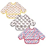 3 Pcs Waterproof Baby Bibs | Long Sleeves Weaning Smock Bib with Food Catcher Pocket for Toddler Eating | Baby Led Weaning | Full Cover Wearable Sleeved Bibs Shirt Apron Set | 6-24 Months