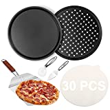 Pizza Pan Set Pizza Tray with Holes 12 inch Nonstick Carbon Steel Round Pizza Crisper Pan, Folding Pizza Peel Pizza Wheel Cutter Slicer Pizza Server Round Parchment Paper Oven Pizza Baking Supplies