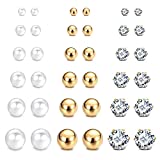 JewelrieShop Earrings Studs Set for Women Girl Stainless Steel CZ Ball Faux Pearl Hypoallergenic Silver Multiple Piercing Ear Stud Earing for Men (18 Pairs, Gold Ball)
