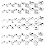 SCERRING 18 Pairs 20G Stainless Steel Clear CZ Ball Flat Top Stud Earrings Set for Men Women Barbell Stud Earrings Assorted Sizes 3-8mm - Silver