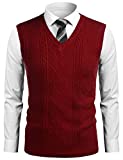 COOFANDY Men's Slim Fit V-Neck Sweater Vest Pullover Sleeveless Sweaters Cable Knitted with Ribbing Edge Dark Red