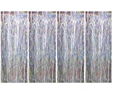 Muhome Holographic Silver Foil Fringe Curtain, 4PCS 3.28FT x 8.2FT Metallic Tinsel Door Curtains Photo Booth Backdrop for Wedding Birthday Baby Shower Christmas Euphoria Party Decorations