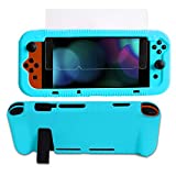 Kconn Protective Silicone Case for Nintendo Switch, Grip Cover with Tempered Glass Screen Protector, 2 Storage Slots for Game Cards, Soft and Durable, Shock-Absorption & Anti-Scratch (Blue)