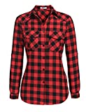 Zeagoo Womens Plaid Shirt, Roll up Sleeve Casual Boyfriend Button Down Tartan Flannel Shirt,Red,Small