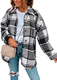 PRETTYGARDEN Women's Plaid Shirts Long Sleeve Flannel Lapel Button Down Color Block Boyfriend Shacket Jacket Coats(D_Plaid Grey,Medium)