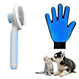 KuraMart Self Cleaning Slicker Brush & Pet Massage Grooming Glove for Dogs and Cats,Gently Pet Massage Grooming Tool Hair Remover Brush for Shedding,Efficient Deshedding Brush Glove Mitt (Blue)