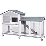 MUPATER Wooden Rabbit Hutch Bunny Cage for Indoor and Outdoor with Casters, Large Guinea Pig Hutch House with Ramp, Run and Removable Trays, Mixed Grey