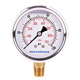 MEASUREMAN 2-1/2" Dial Size, Glycerin Filled Pressure Gauge, 0-100psi/kpa, 304 Stainless Steel Case, 1/4"NPT Lower Mount