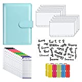 A6 PU Leather Notebook Binder Budget Planning Notepad 6 Ring Binder Cover, with 8 A6 Binder Pockets, 12 Expense Budget Sheets and 26 Category Letter Sticker Labels, Cash envelopes System (Robin Blue)
