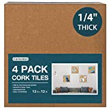 Cork Board Tiles, 12" X 12" X 1/4",Corkboard, Bulletin Board, Mini Wall, Strong Self Adhesive Backing,4 Pack