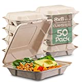 100% Compostable Clamshell Take Out Food Containers [8X8" 50-Pack] Heavy-Duty Quality to go Containers, Natural Disposable Bagasse, Eco-Friendly Biodegradable Made of Sugar Cane Fibers