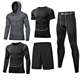 BUYJYA 5Pcs Men's Compression Pants Shirt Top Long Sleeve Jacket Athletic Sets Gym Clothing Mens Workout (Gray, L)
